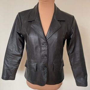 World of Leather WL Black Genuine Leather 3 Button Blazer Jacket EUC Size XS